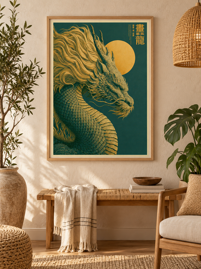 Golden Dragon Sun Poster - Wall Art Decor - front view - golden dragon poster, oriental dragon wall art