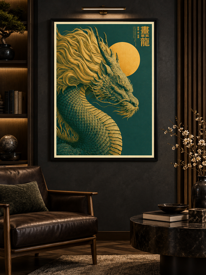 Golden Dragon Sun Poster - Wall Art Decor - detail view - golden dragon poster, oriental dragon wall art