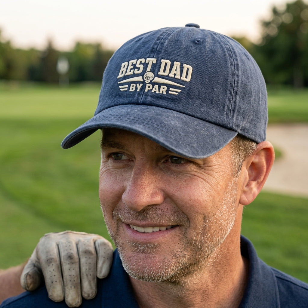 Man looking away on a golf course wearing a navy washed baseball cap with white embroidered best dad by par design