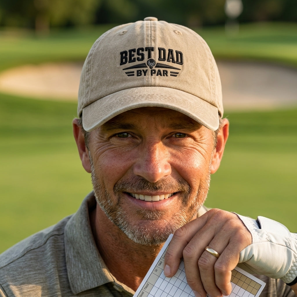 Smiling man on a golf course wearing a sand washed baseball cap with black embroidered best dad by par design