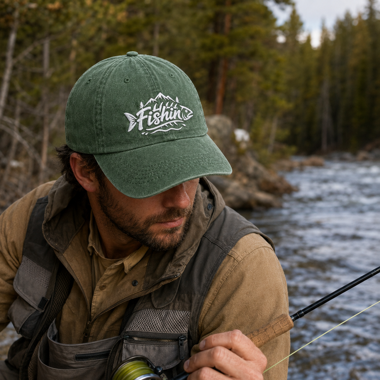 Man fly fishing by a rushing mountain river wearing an army green washed baseball cap with white embroidered Fishin mountain design