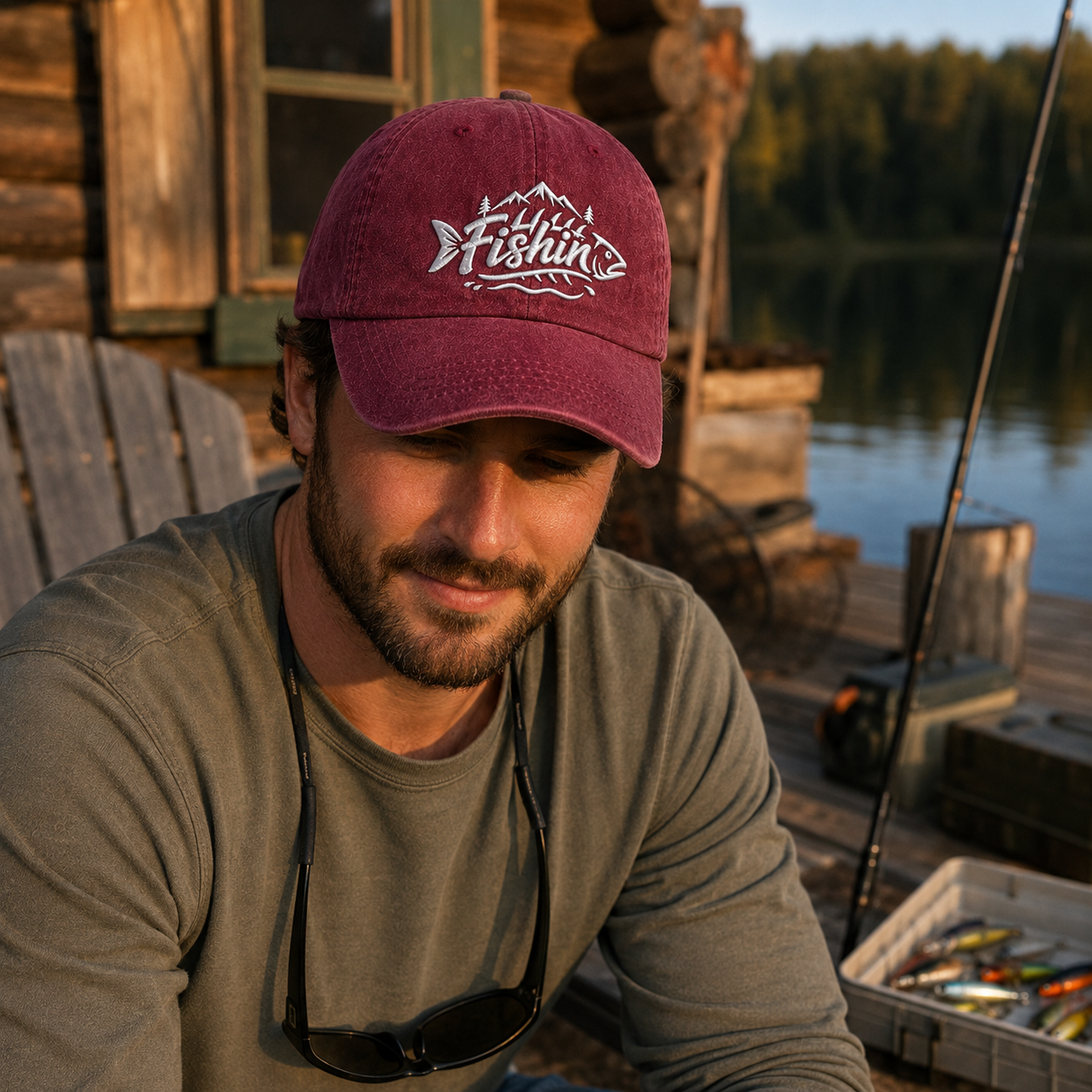 Man sitting on a wooden lake dock near a cabin wearing a maroon washed baseball cap with white embroidered Fishin mountain design