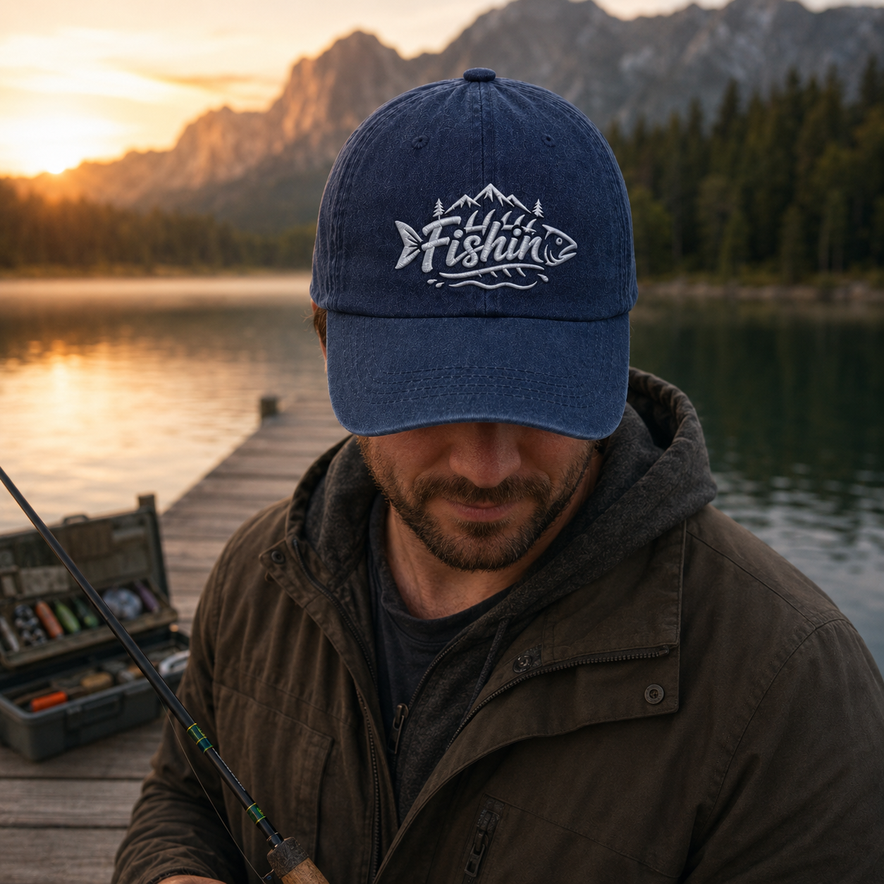 Man holding a fishing rod on a wooden pier at sunset wearing a navy washed baseball cap with white embroidered Fishin mountain design