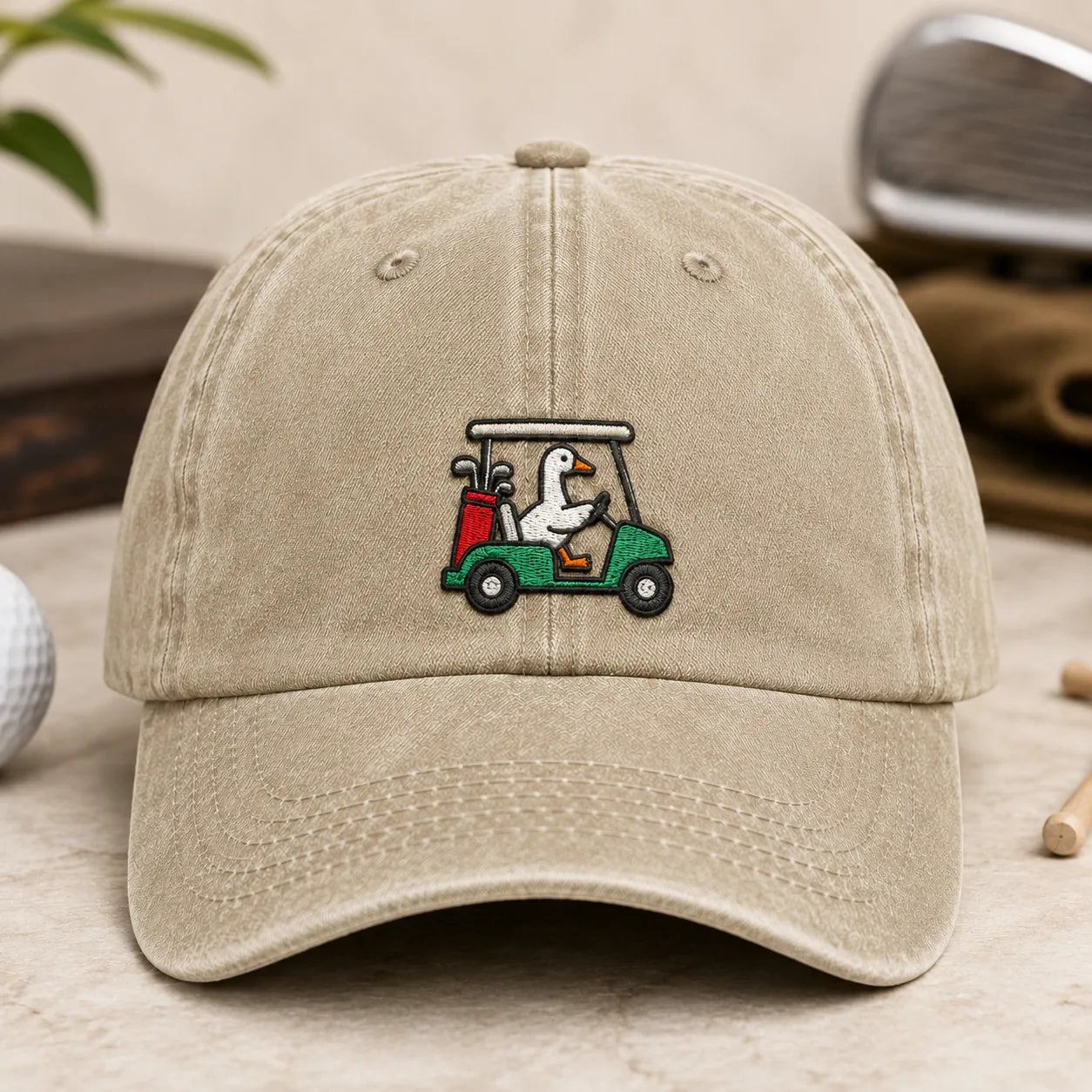 Goose Driving Golf Cart Hat - washed cap - front view