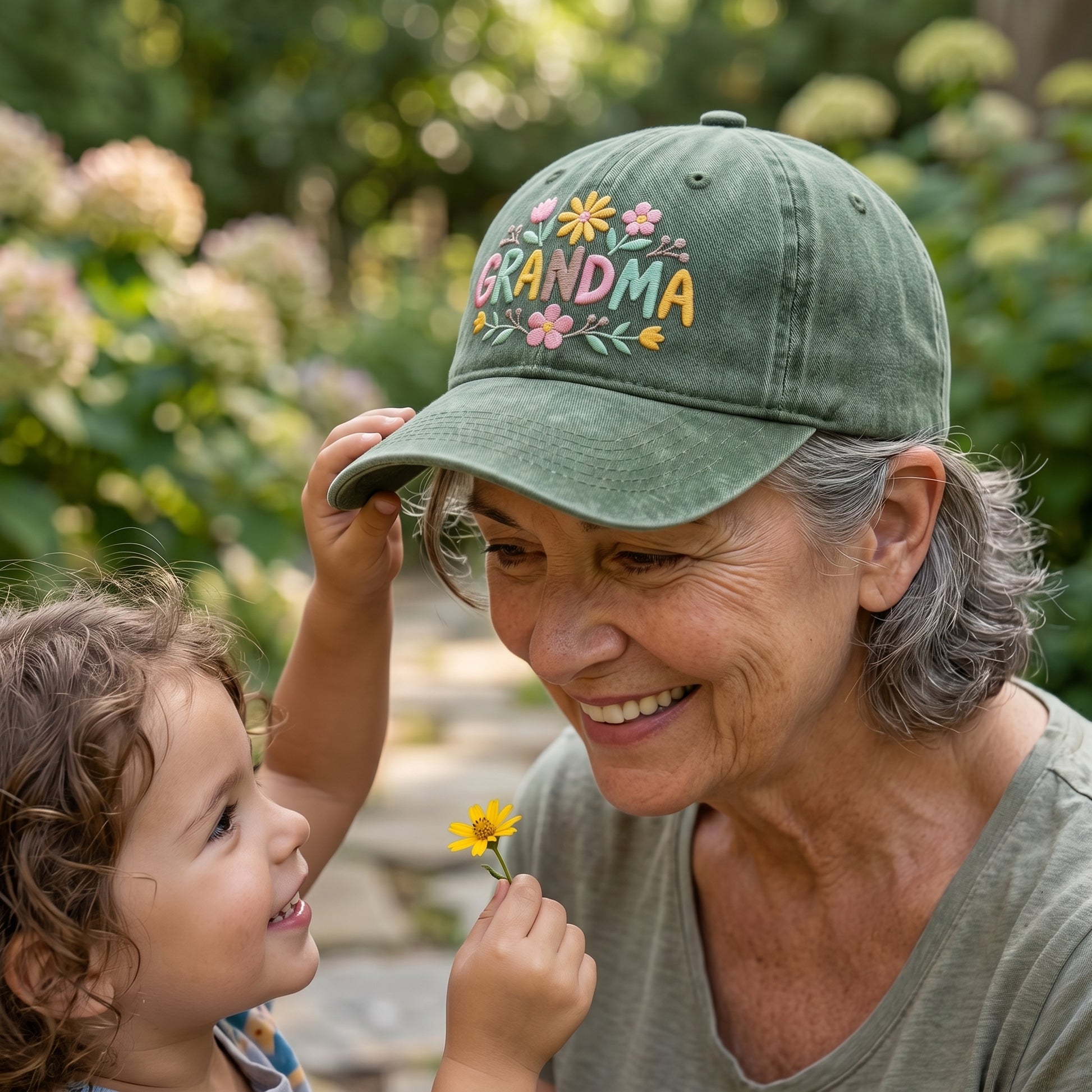 Army green washed baseball cap with embroidered grandma flower design worn by a senior woman looking at a little girl