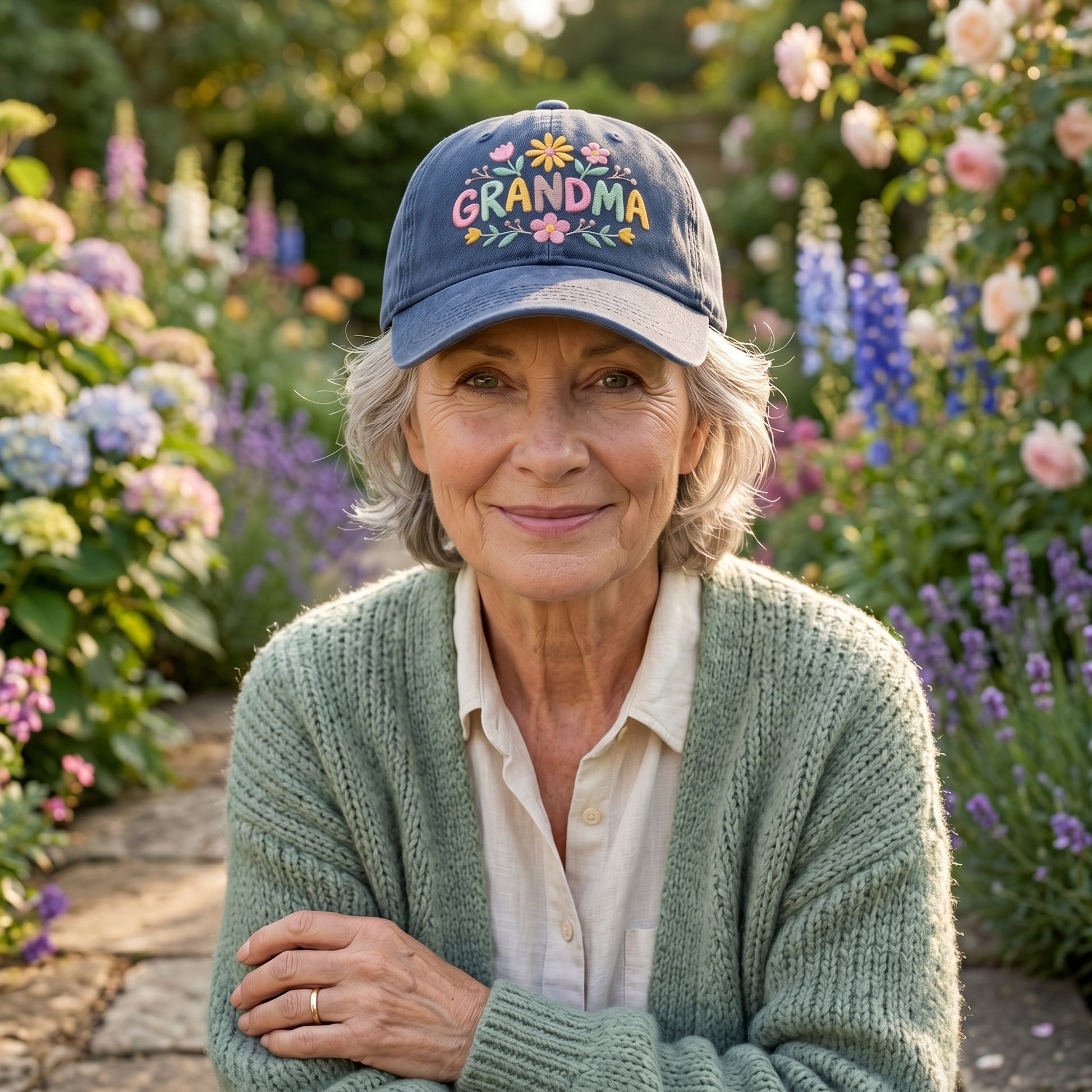 Senior woman smiling in a garden wearing a blue washed cotton baseball cap with embroidered floral grandma design