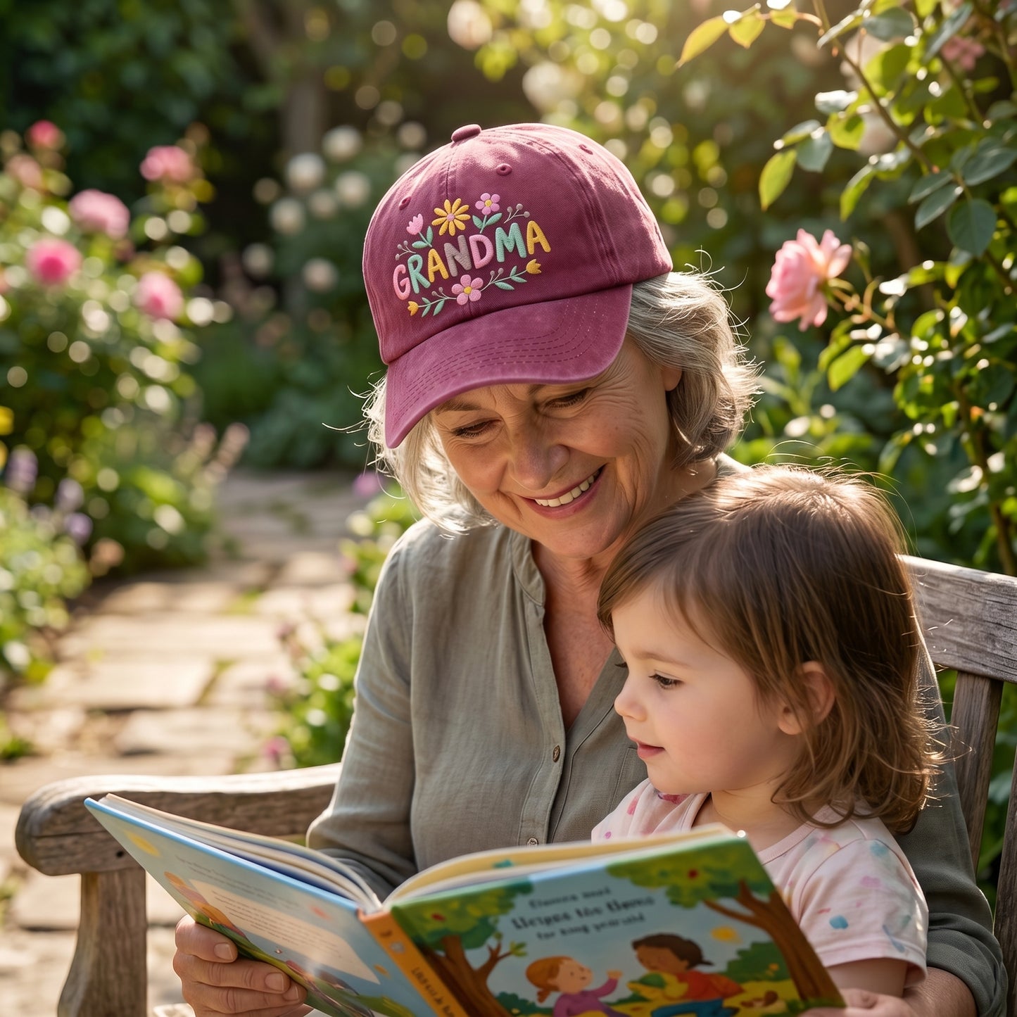 Grandmother wearing a maroon washed baseball cap with embroidered floral text while reading a book with her granddaughter