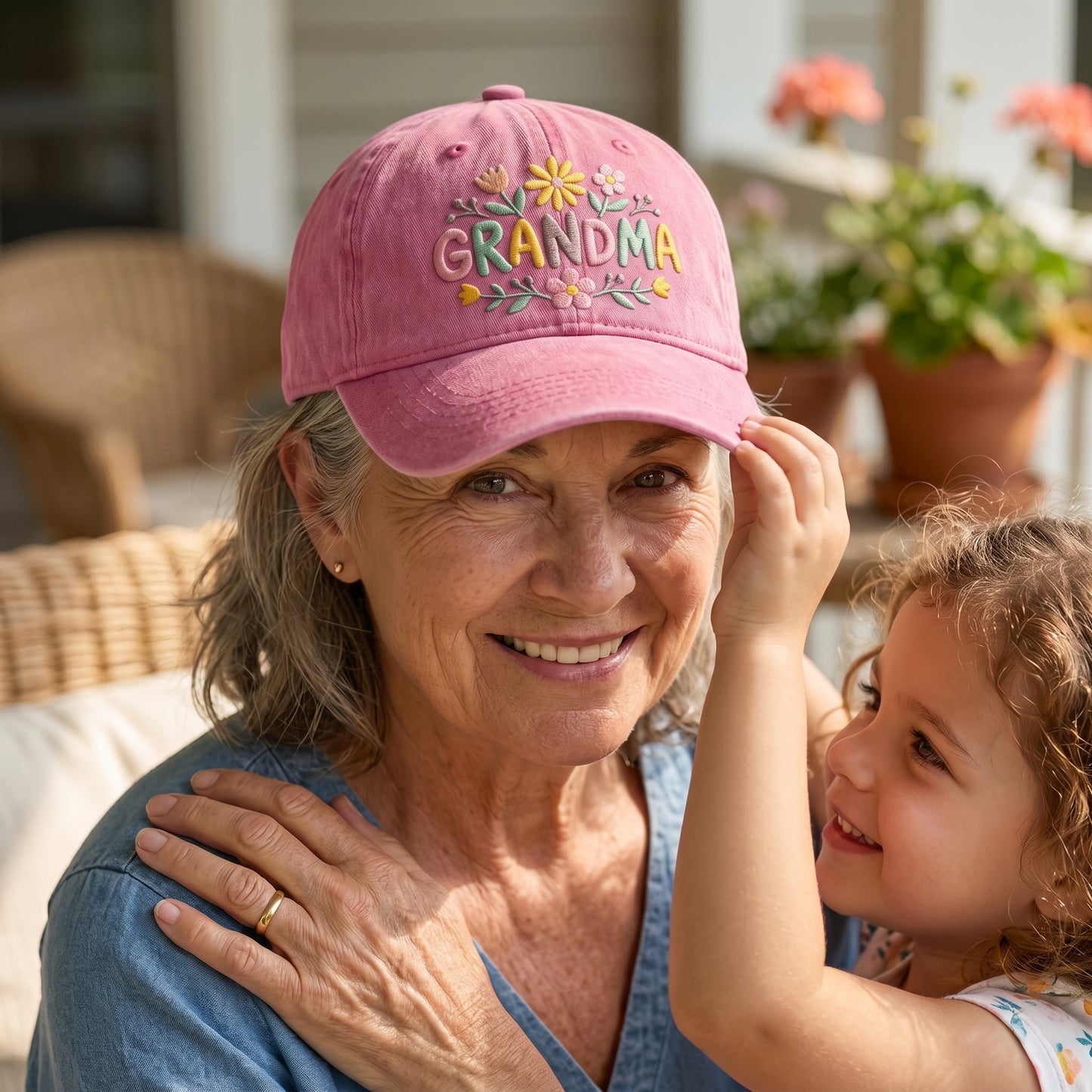 Grandmother wearing a pink washed baseball cap with floral grandma embroidery as a little girl touches the brim
