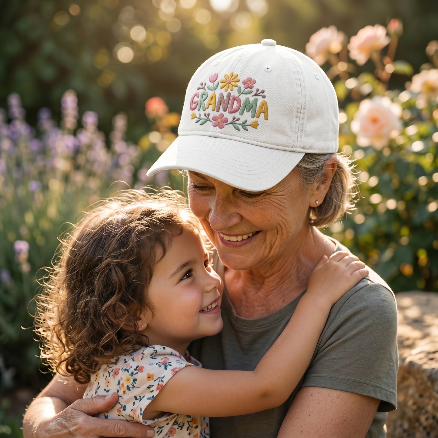 White washed cotton baseball cap with embroidered floral grandma design worn by a grandmother hugging her granddaughter