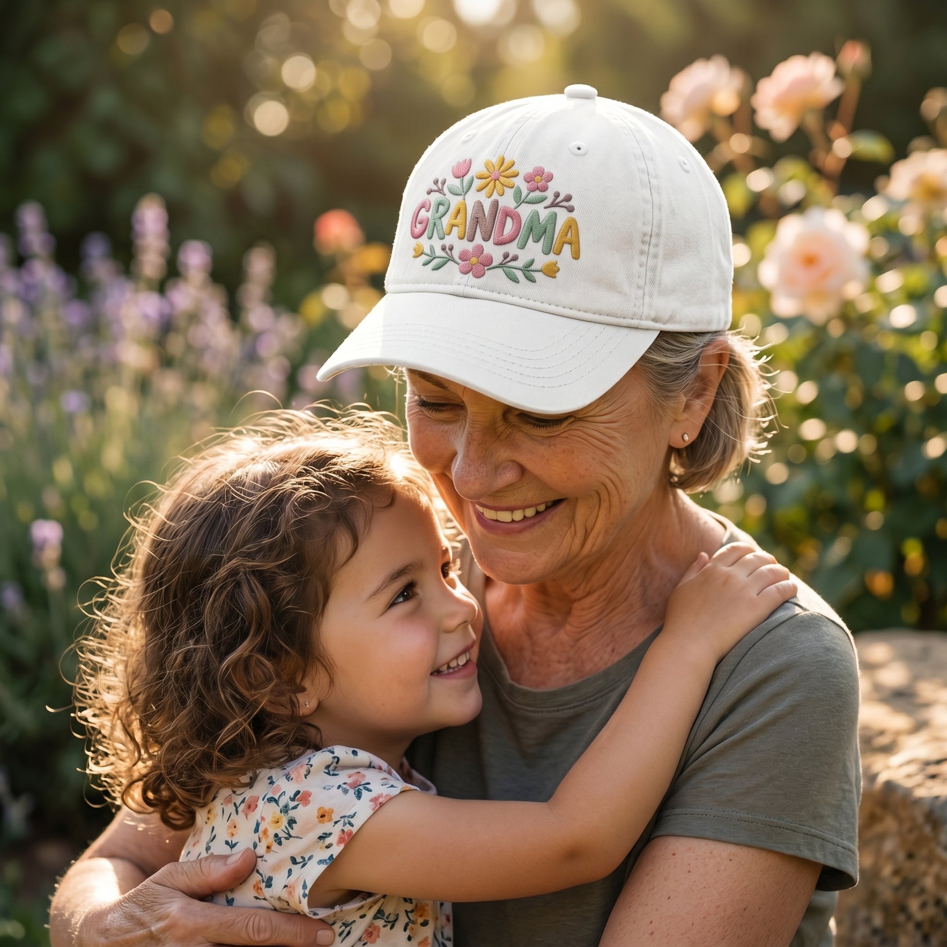White washed cotton baseball cap with embroidered floral grandma design worn by a grandmother hugging her granddaughter
