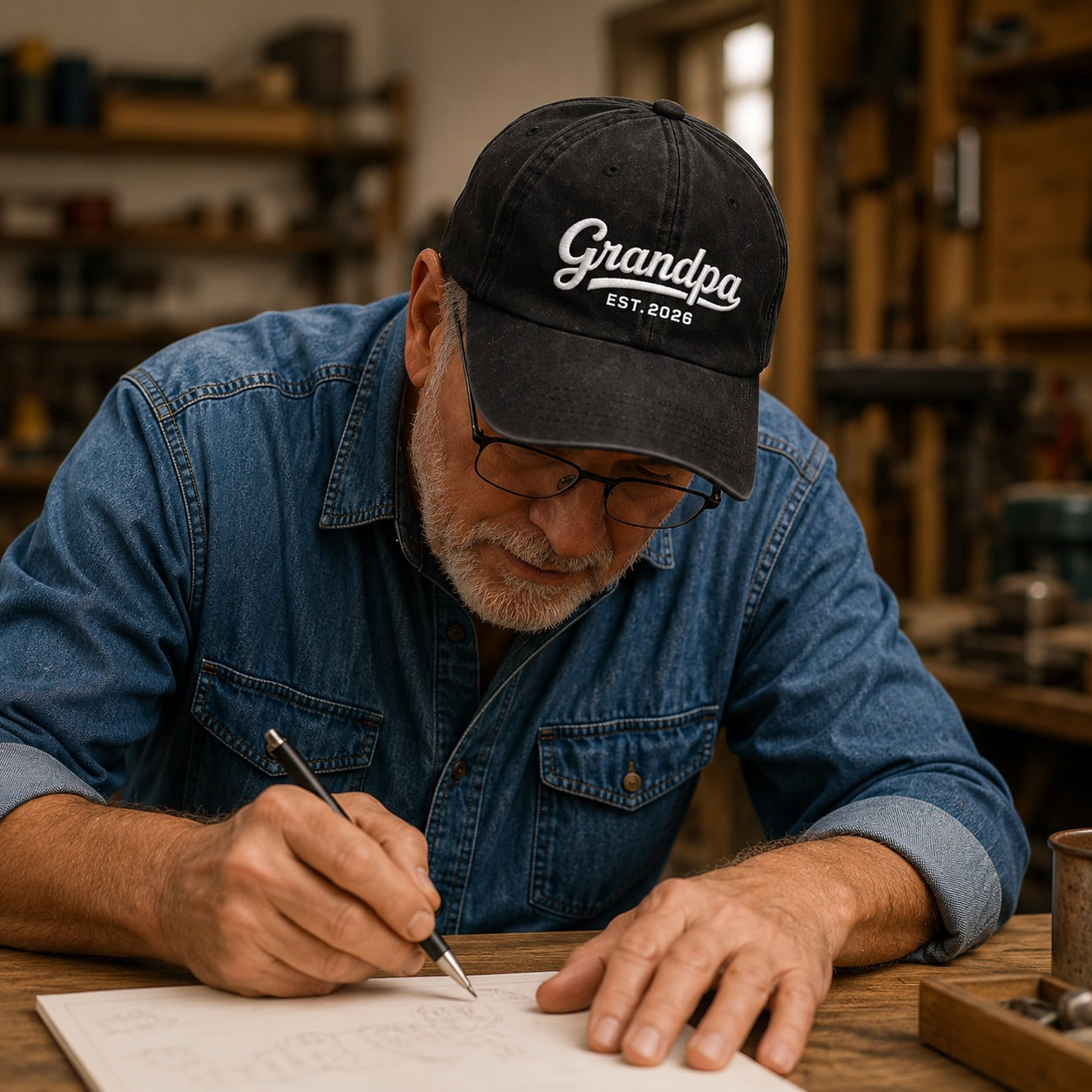 Man wearing a 'Grandpa Est. 2020' cap, sitting at a table in a workshop.