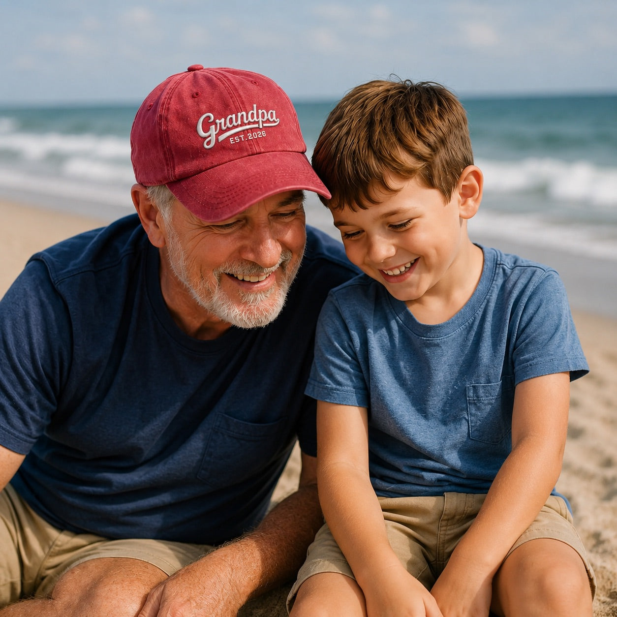 Man wearing a red 'Grandpa' cap sitting on the beach with a young boy.