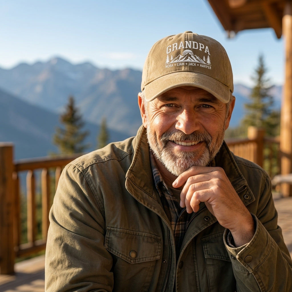 Man wearing a cap with 'Grandpa' on it, sitting outdoors with mountains in the background
