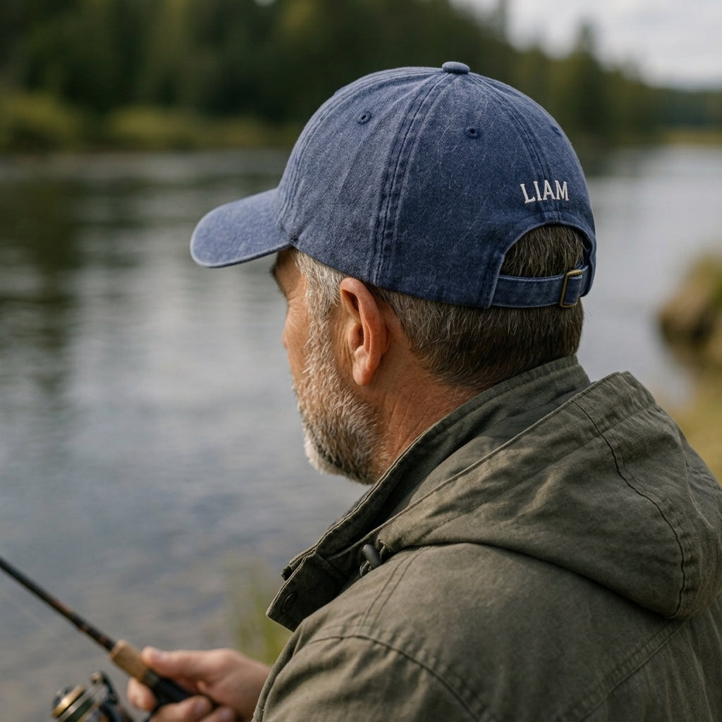 Man wearing a blue cap with 'LIAM' on it, fishing by a lake.