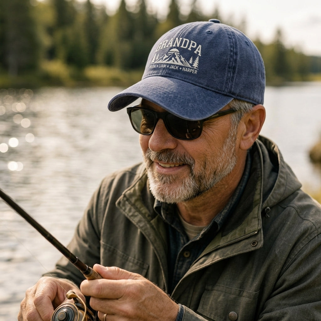 Man fishing by a lake wearing a blue cap with 'Grandpa' text and sunglasses.