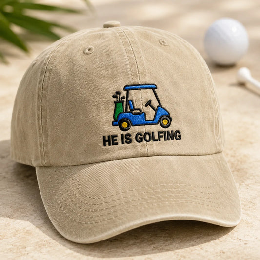 He Is Golfing Washed Cap - washed cap - front view