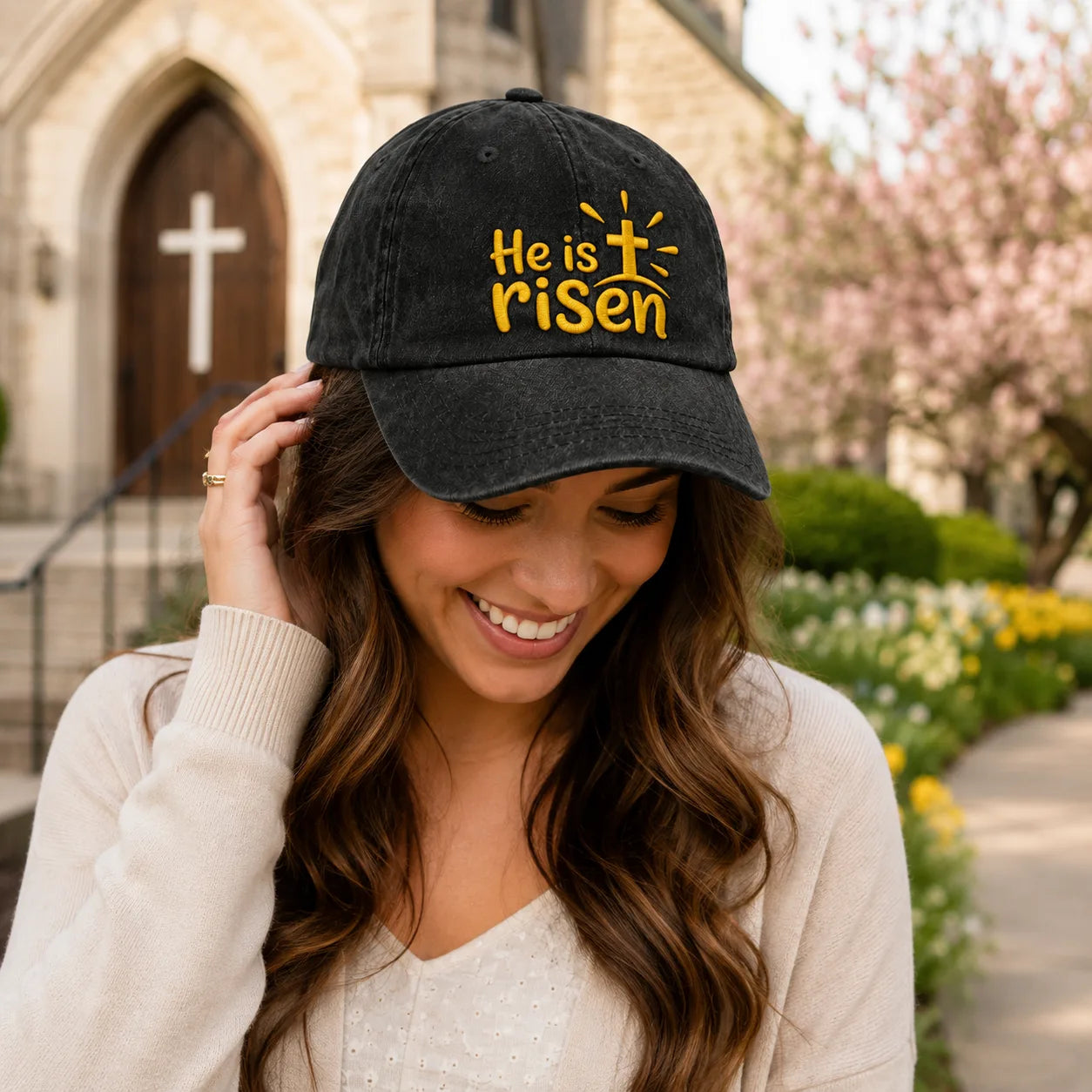 He Is Risen Washed Cap - Washed Cap - side view