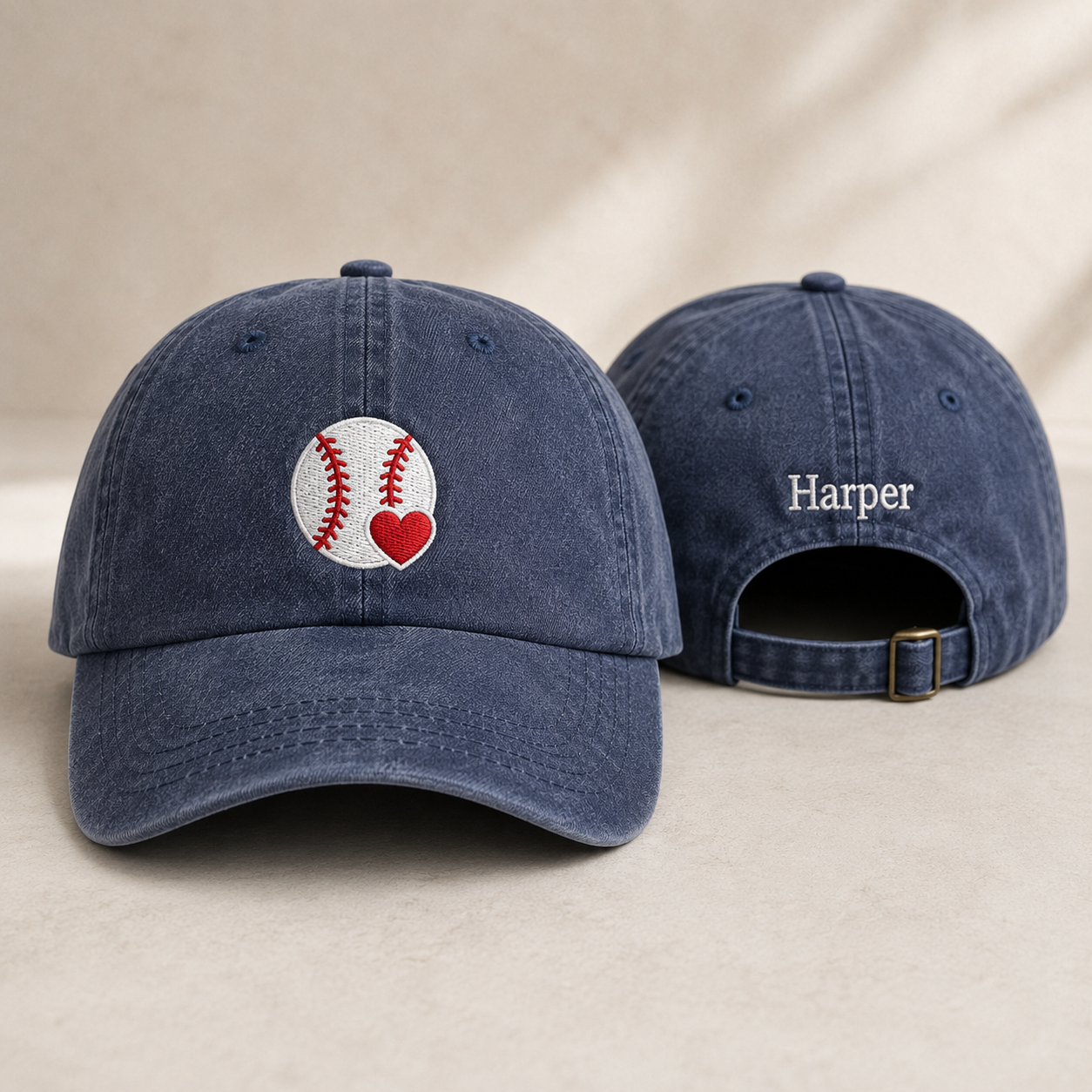 Heart Baseball Embroidered Washed Cap - Washed Cap - front view