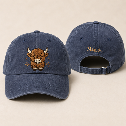 Highland Cow Embroidered Washed Cap - Washed Cap - front view