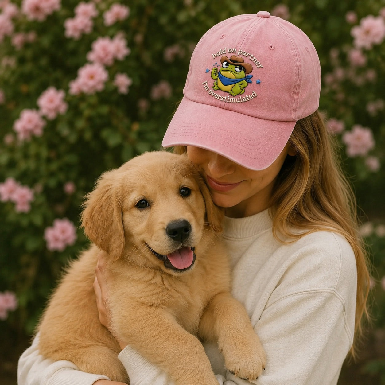 Person wearing a pink cap with a cartoon character and text, holding a golden puppy against a floral background.