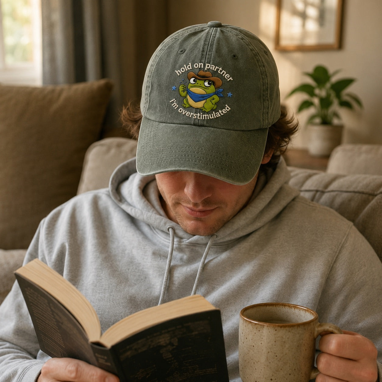 Person wearing a cap with a frog graphic and text, reading a book and holding a mug in a cozy living room.