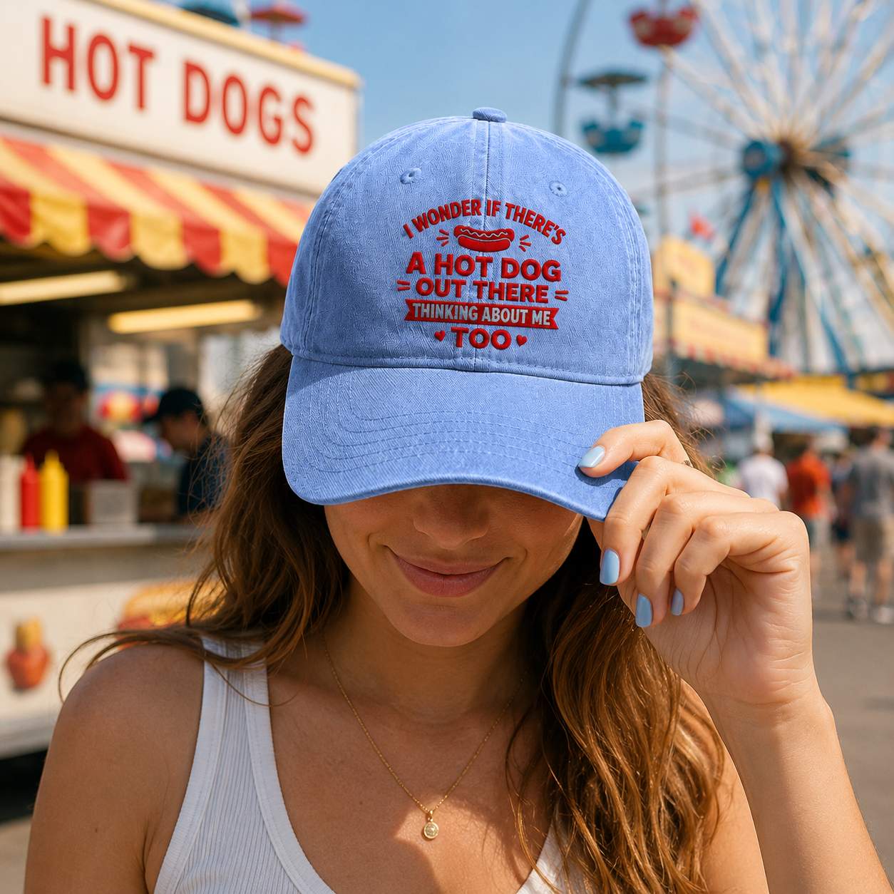 Hot Dog Thinking Embroidered Washed Cap - Washed Cap - alternate angle