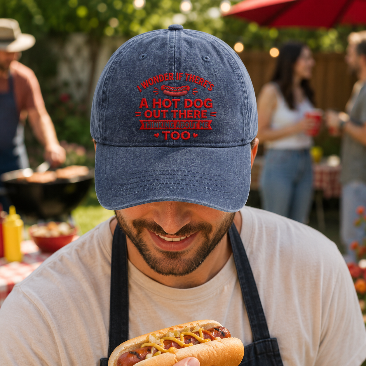 Hot Dog Thinking Embroidered Washed Cap - Washed Cap - side view