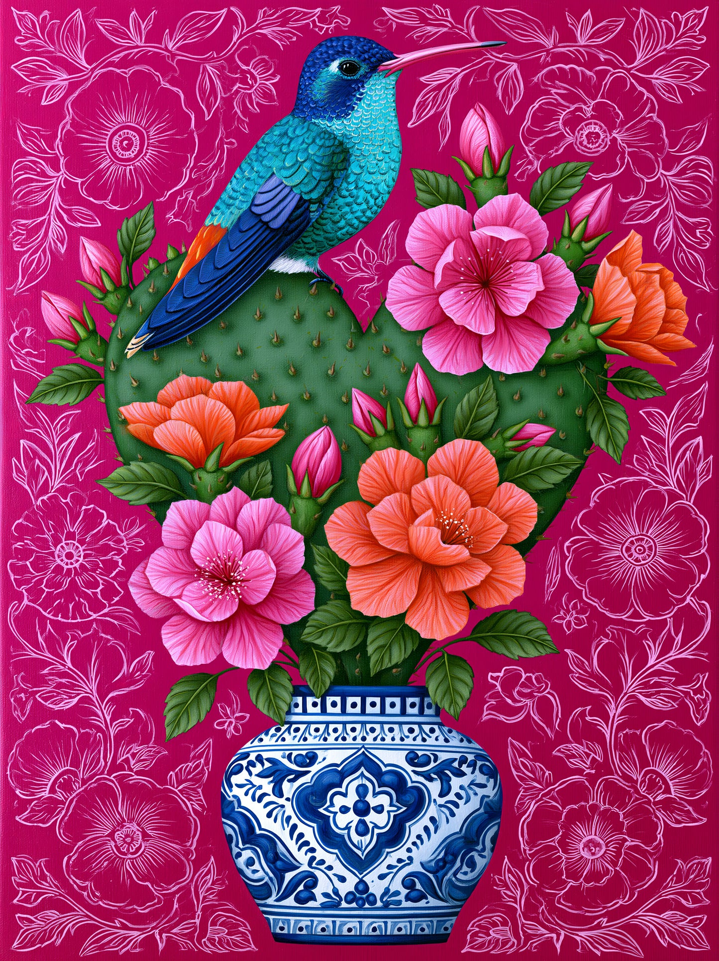 Colibrí Mexicano Póster - Wall Art Decor - front view - hummingbird cactus wall art, mexican floral art