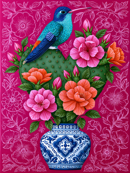 Colibrí Mexicano Póster - Wall Art Decor - front view - hummingbird cactus wall art, mexican floral art