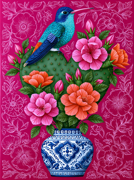 Colibri Mexicain en Affiche - Wall Art Decor - front view - hummingbird cactus wall art, mexican floral art