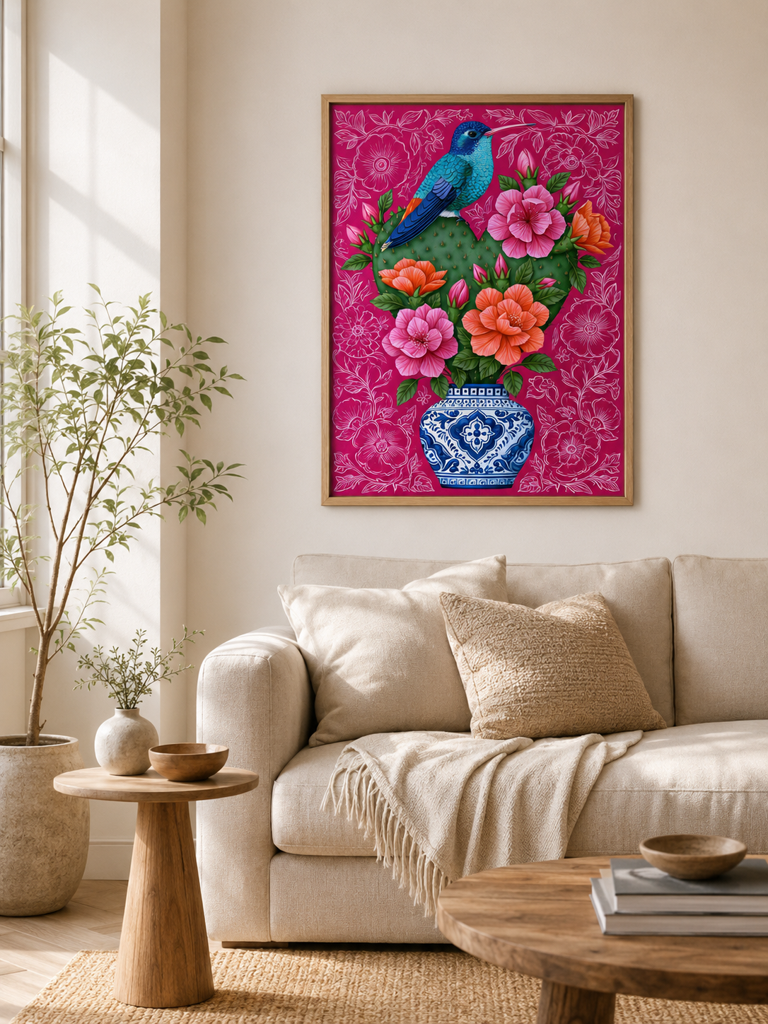 Colibrí Mexicano Póster - Wall Art Decor - detail view - hummingbird cactus wall art, mexican floral art