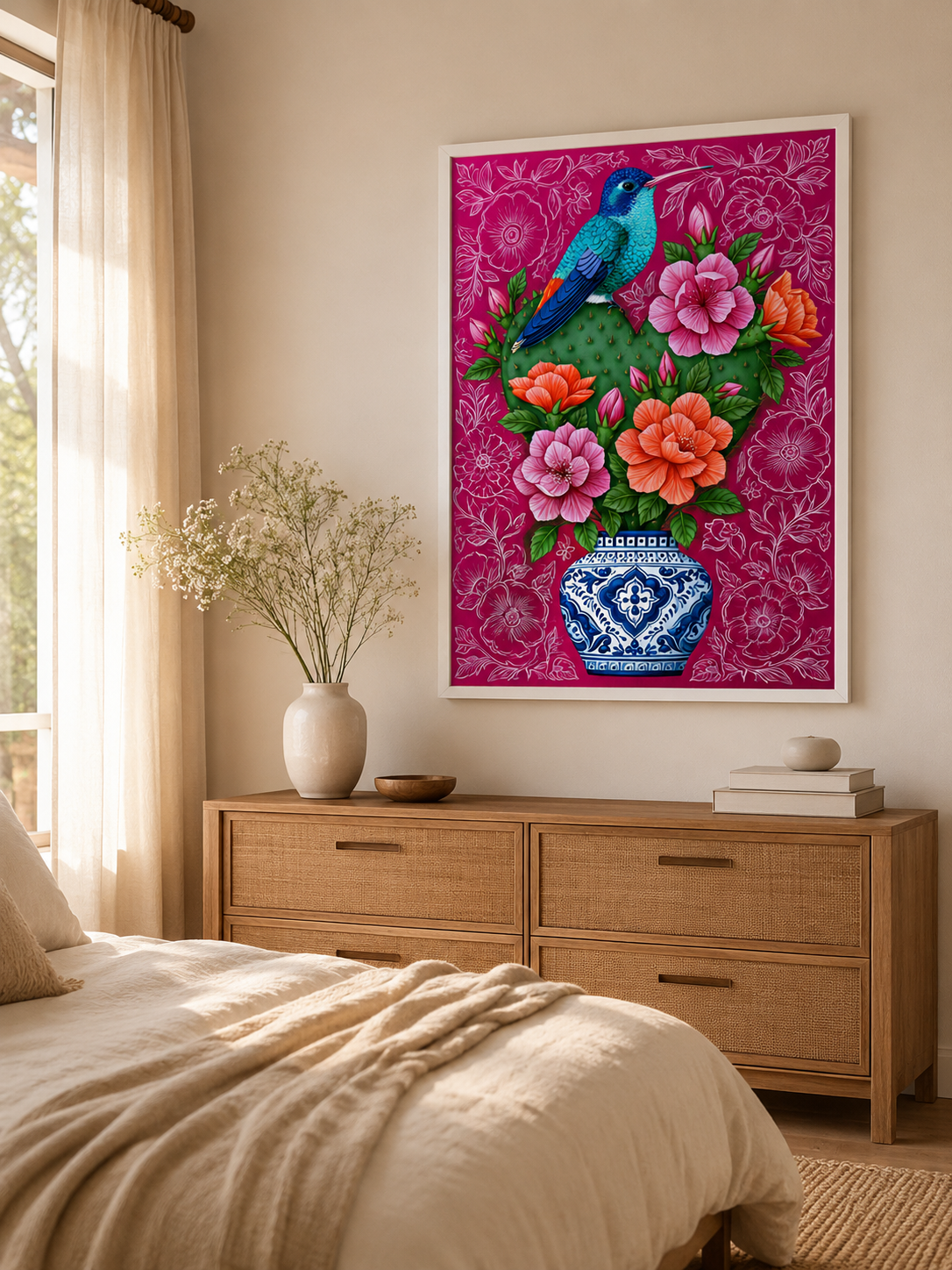Colibrí Mexicano Póster - Wall Art Decor - lifestyle shot - hummingbird cactus wall art, mexican floral art