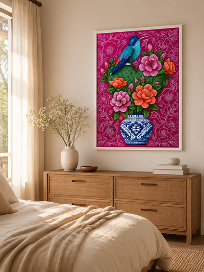Colibrí Mexicano Póster - Wall Art Decor - lifestyle shot - hummingbird cactus wall art, mexican floral art
