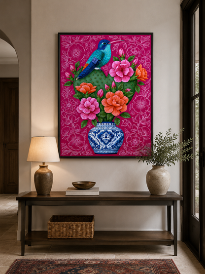 Colibrí Mexicano Póster - Wall Art Decor - close-up - hummingbird cactus wall art, mexican floral art