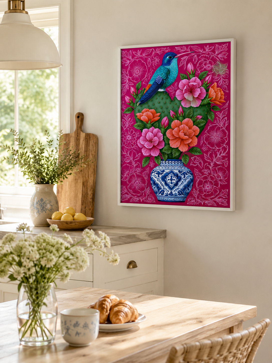 Colibrí Mexicano Póster - Wall Art Decor - front view - hummingbird cactus wall art, mexican floral art