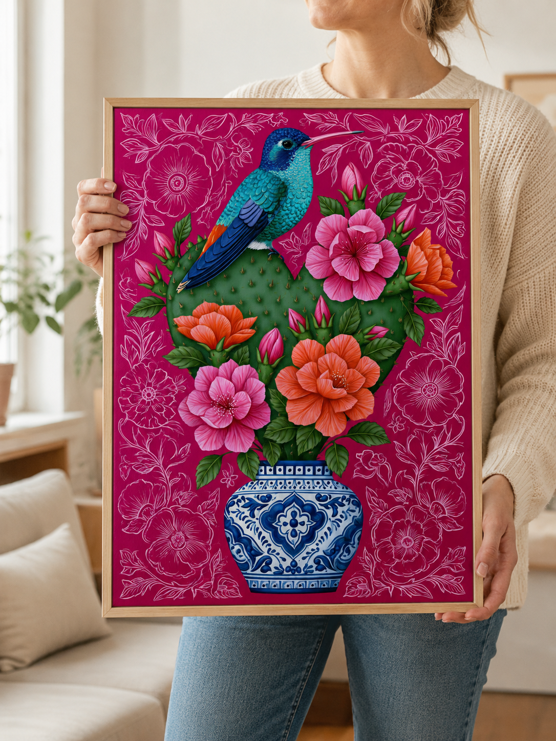 Colibrí Mexicano Póster - Wall Art Decor - detail view - hummingbird cactus wall art, mexican floral art
