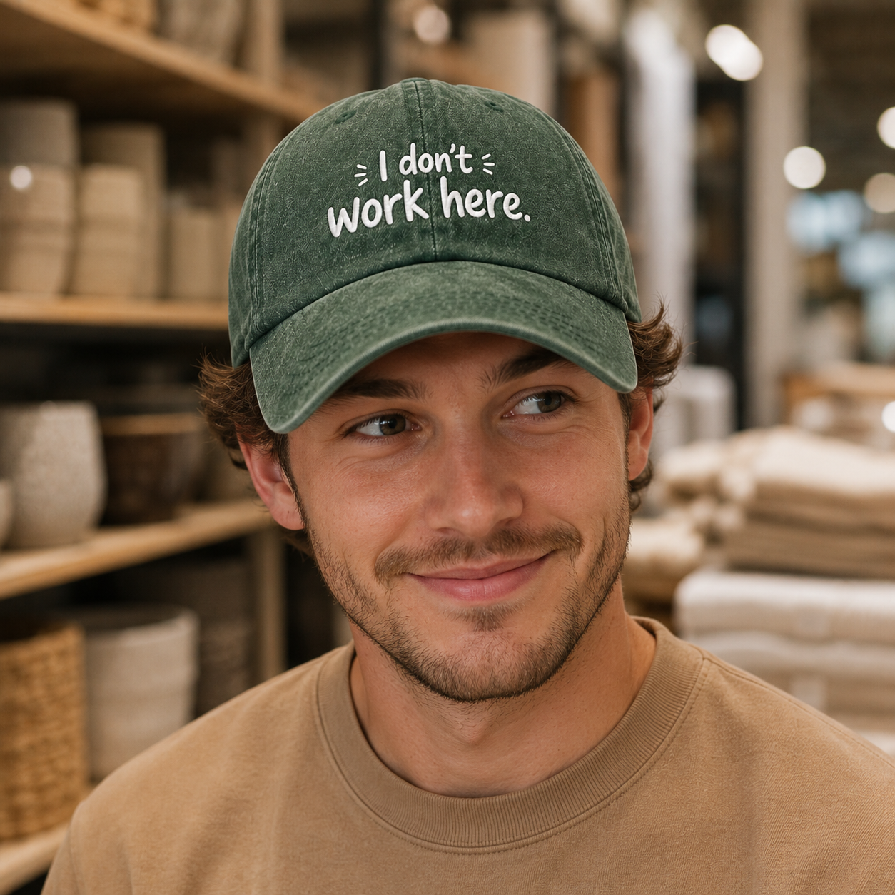 I Don't Work Here Embroidered Washed Cap - Washed Cap - alternate angle