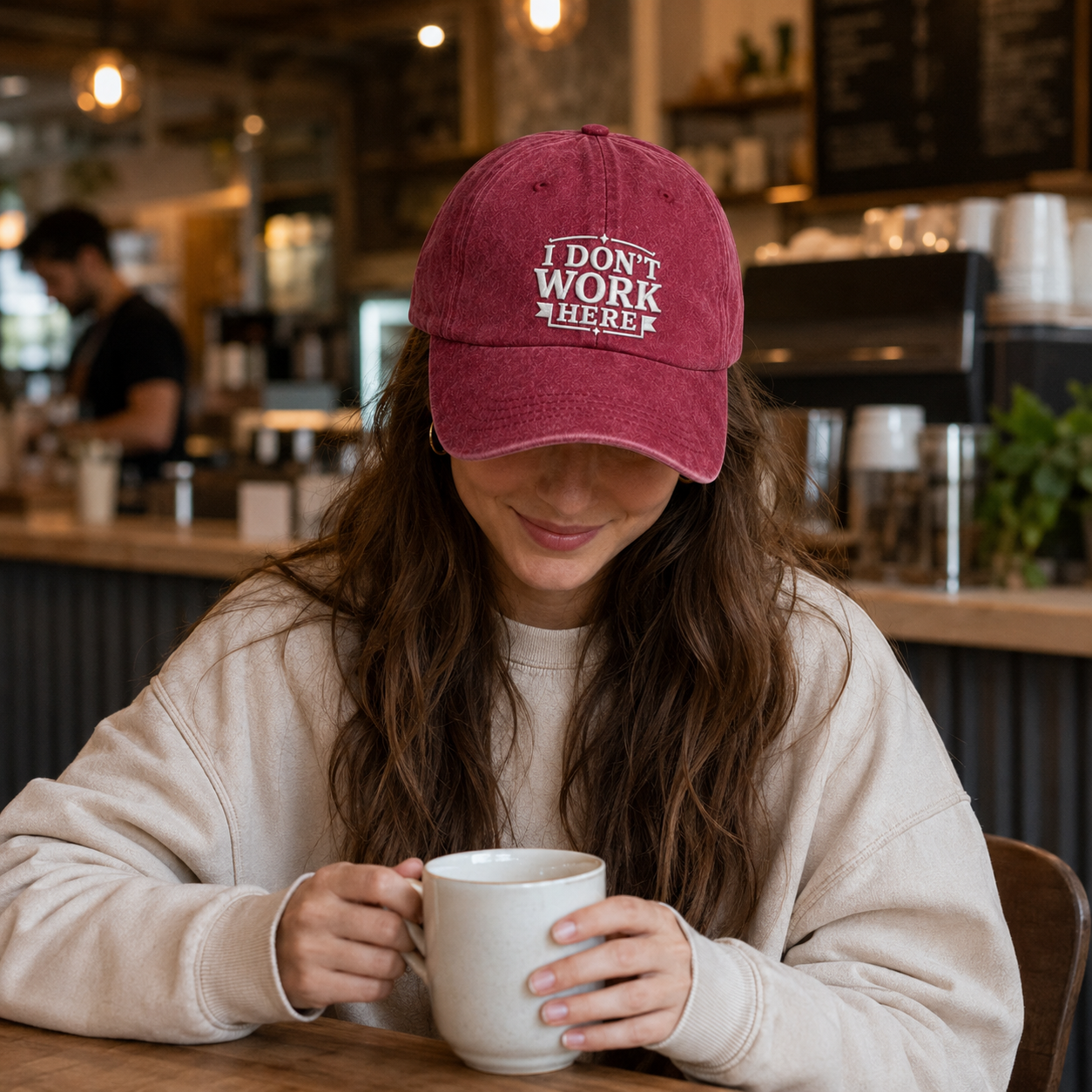 I Don't Work Here Embroidered Washed Cap - Washed Cap - detail