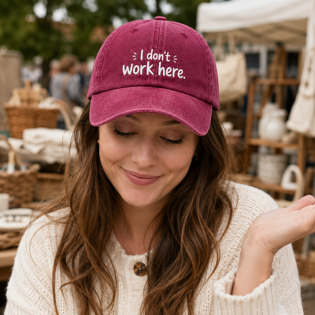I Don't Work Here Embroidered Washed Cap - Washed Cap - detail
