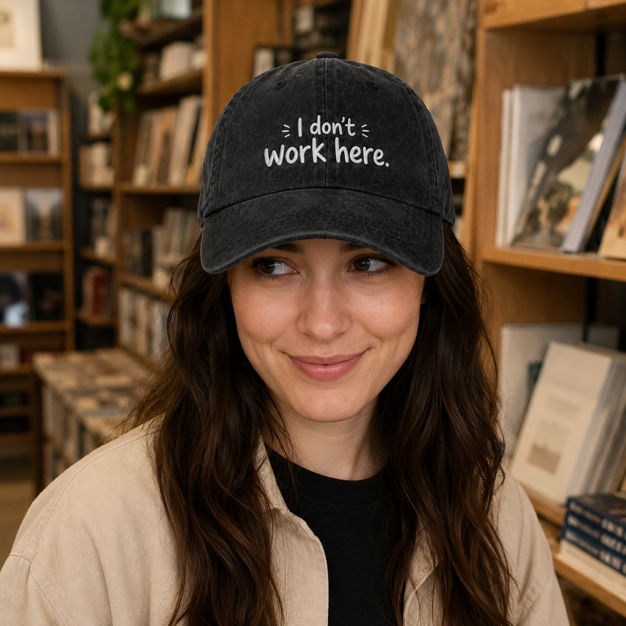 I Don't Work Here Embroidered Washed Cap - Washed Cap - side view