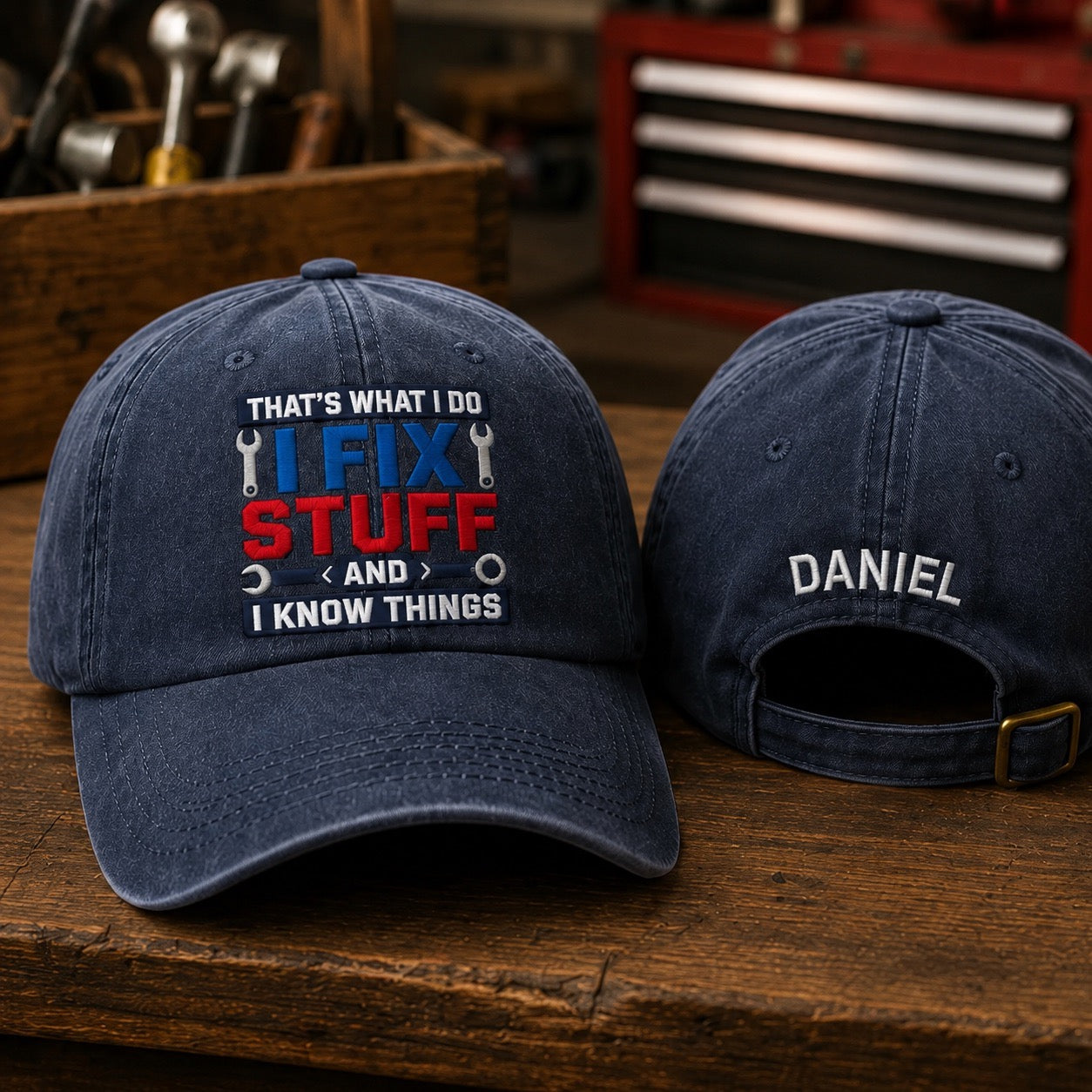 Two navy blue baseball caps on a wooden surface with toolboxes in the background.