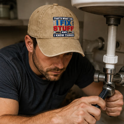 Man working on plumbing wearing a cap with a humorous slogan