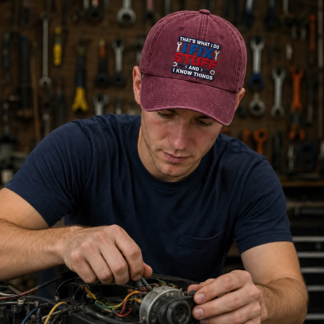 Man wearing a cap with text working on a mechanical component in a workshop.