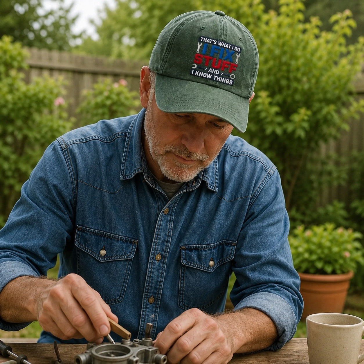 Man wearing a green cap and blue shirt working on a metal object outdoors.
