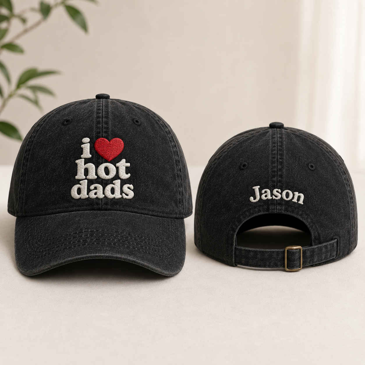 I Love Hot Dads Embroidered Washed Cap - Washed Cap - front view