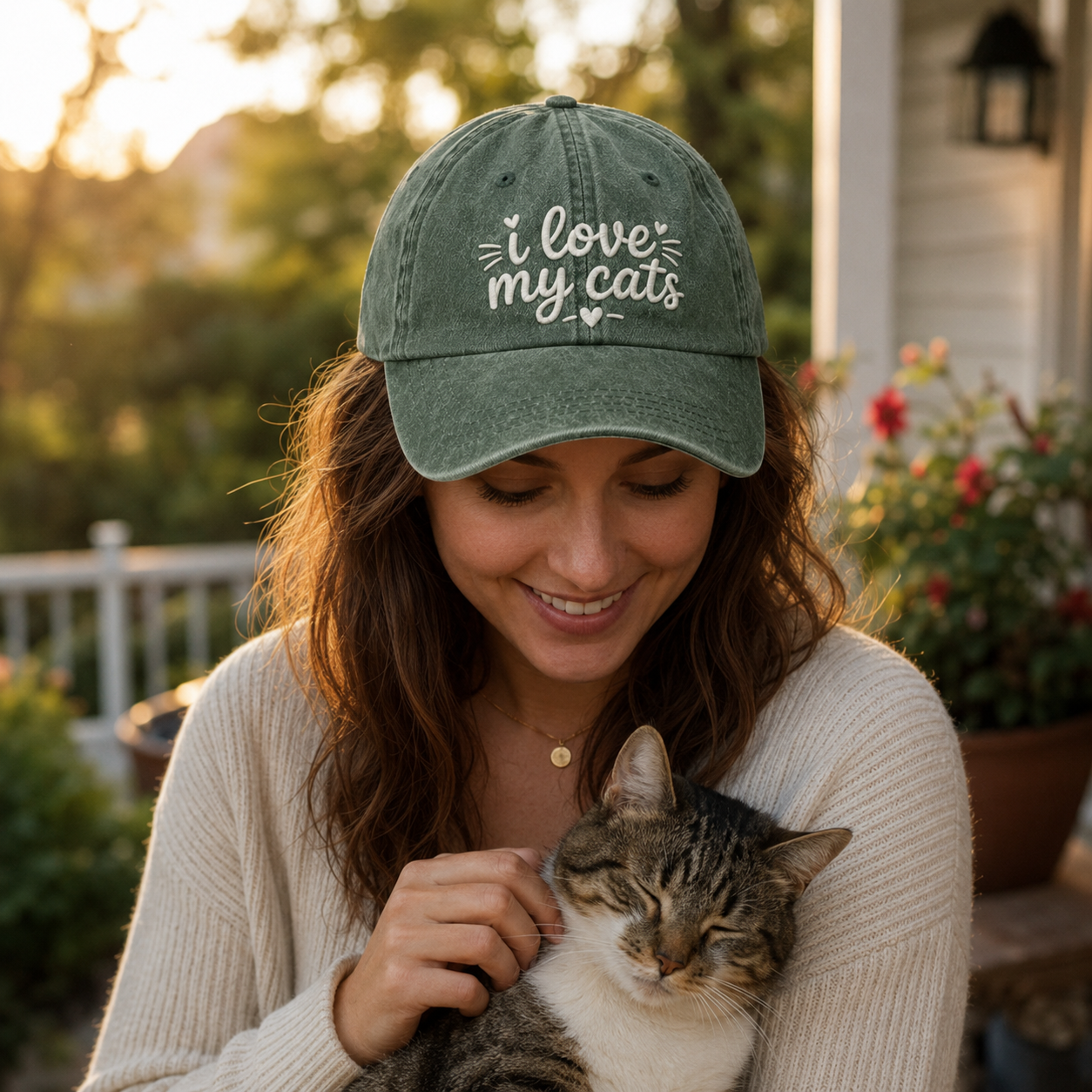 Woman hugging a tabby cat while wearing an army green washed baseball cap with white embroidered I love my cats design