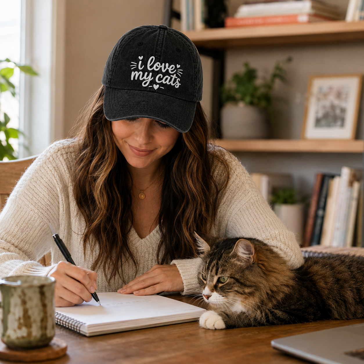 Woman writing at a desk with her cat wearing a black washed cotton baseball cap with white embroidered cat lover quote