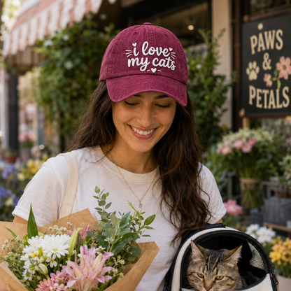 Woman holding a bouquet with her cat in a backpack wearing a maroon washed baseball cap with embroidered text