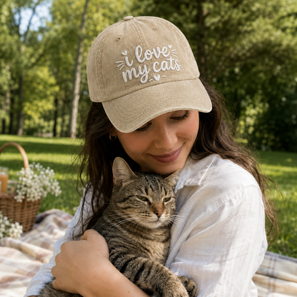 Smiling woman holding her cat at a picnic while wearing a sand washed baseball cap with white embroidered text