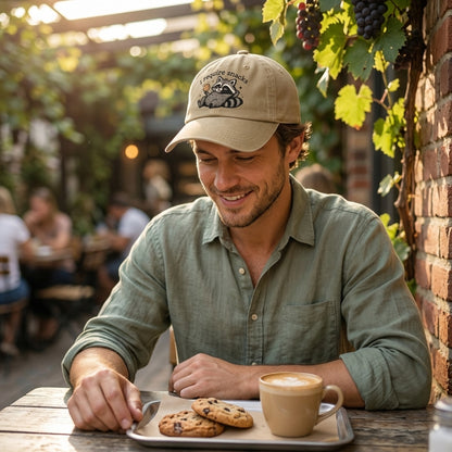 Man sitting outdoors with a cup of coffee and cookies, wearing a cap with a raccoon design.